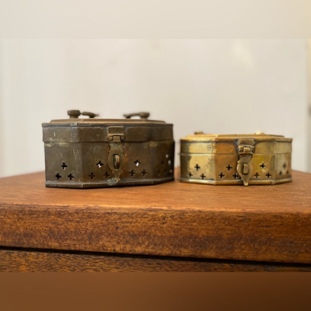 Set of 2/Vintage Different Sized Solid Brass Hinged Lucky Cricket Boxes
